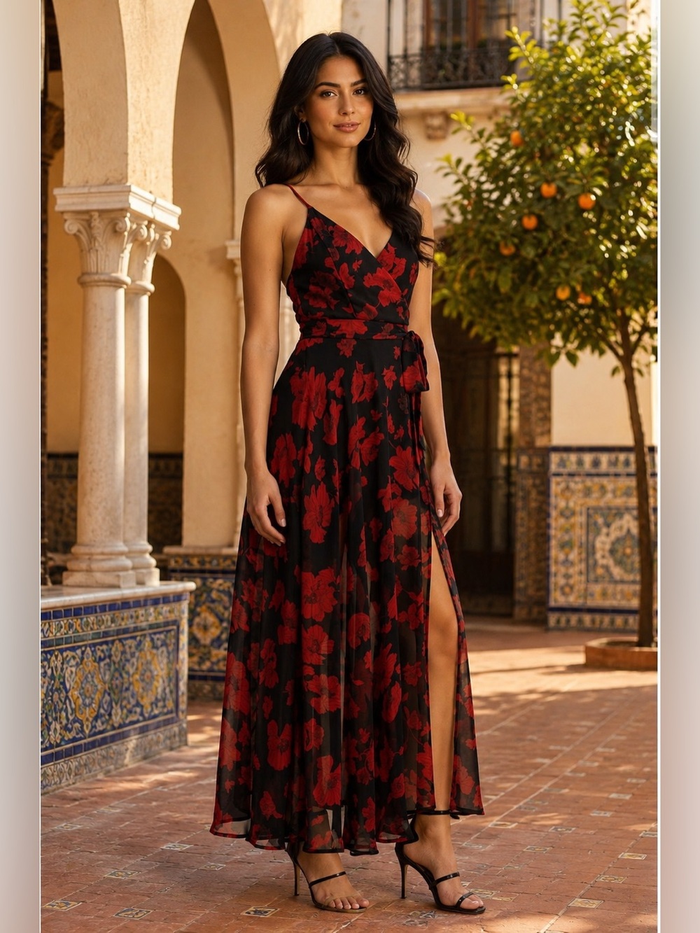 Lulus Red Floral V-Neck Wrap Maxi Dress Size M NWT